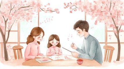 Naklejka premium A joyful family moment, enjoying art and bonding under cherry blossom trees.