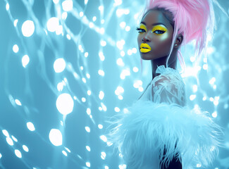 Black girl with pink hair, yellow lips and white dress.