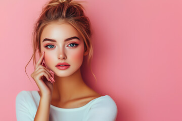 Girl with subtle makeup and blue eyes posing on a pink background.