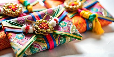 Fototapeta premium Macro Close Up of Seollal Sebae Don Gifts Concept Showcasing Traditional Money Gifts Wrapped in Decorative Envelopes with Intricate Designs and Vibrant Colors During Seollal Celebrations