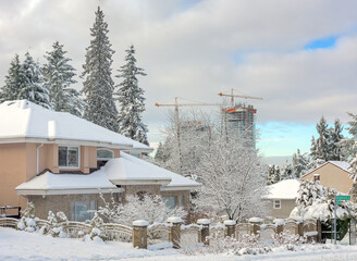 Front yard of family house on a cold winter day