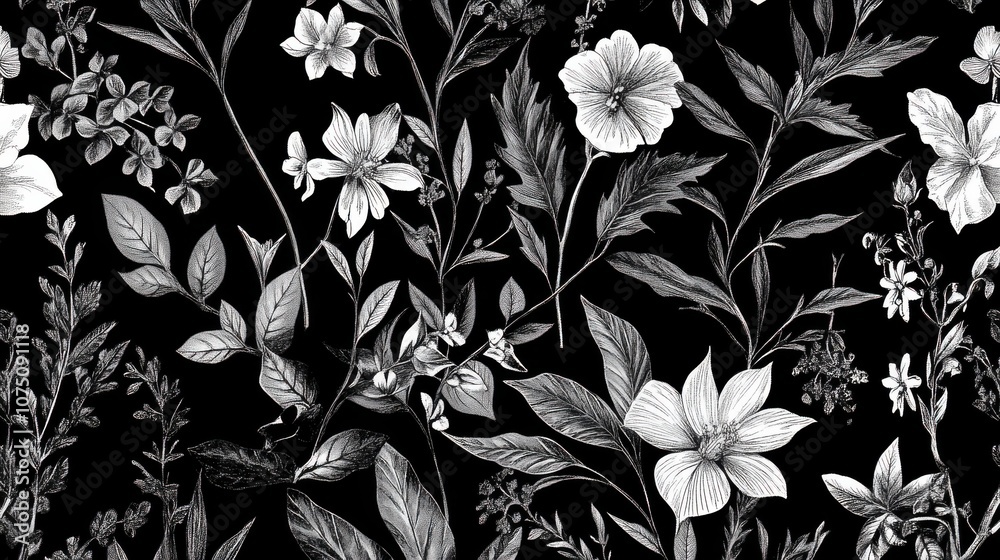 Poster elegant hand-drawn botanical seamless pattern featuring various flowers and leaves on a black backgr