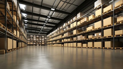 Fototapeta premium A Warehouse With Pallets Of Cardboard Boxes On Shelves