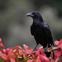 Fototapeta premium Raven perched upon vibrant tree branch