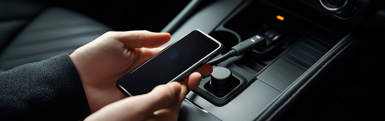 Hands Connecting Phone Charger to Dashboard in Vehicle