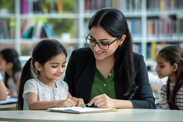 teacher helping little girls in studying at liabrary