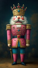 A pink nutcracker, a king with a crown on his head.  .   Christmas cartoon style.