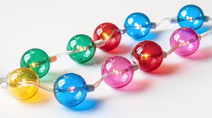 A colorful string of LED Christmas lights, isolated on white background