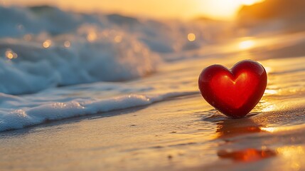 Fototapeta premium A heart shines on the beach at sunset