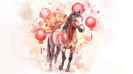 A majestic horse surrounded by vibrant red lanterns in a watercolor style.