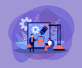 Positive tiny people working with artificial intelligence isolated flat vector illustration. Cartoon characters using computer for work. Digital era and workforce employment social crisis concept