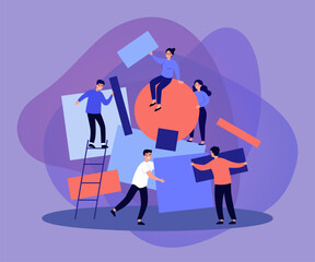 Team working together on abstract idea. People carrying subjects of different shapes and putting together geometrical puzzle. Vector illustration for chaos, teamwork, failure arranging concepts