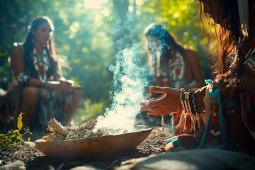 Native American women in a smoke ceremony with sage in a forest setting