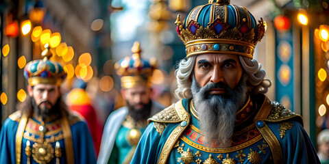 Reyes Magos Traditional Marketplace Vibrant Scene Glossy Background Cultural Elements Text Space for Advertisements Magazine Covers Photo Stock Concept