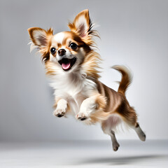 Fototapeta premium Chihuahua puppy jumping with excitement, plain white background.