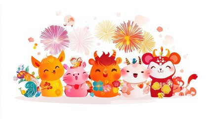 Obraz premium A playful group of cartoon animals celebrating with colorful decorations and fireworks.