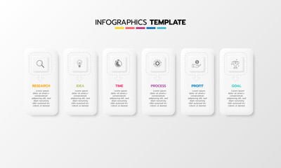 Business infographic template process with simple geometry square, rectangle, circle, triangle, curves in flat design template with thin line icons and 6 options or steps. Vector illustration.
