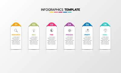 Business infographic template process with simple geometry square, rectangle, circle, triangle, curves in flat design template with thin line icons and 6 options or steps. Vector illustration.
