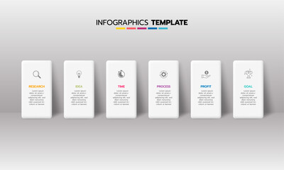 Business infographic template process with simple geometry square, rectangle, circle, triangle, curves in flat design template with thin line icons and 6 options or steps. Vector illustration.