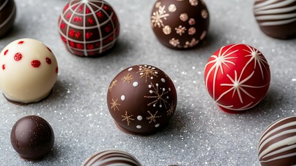 Obraz premium A delightful assortment of beautifully decorated chocolate truffles in various colors, featuring festive designs and a shiny finish.