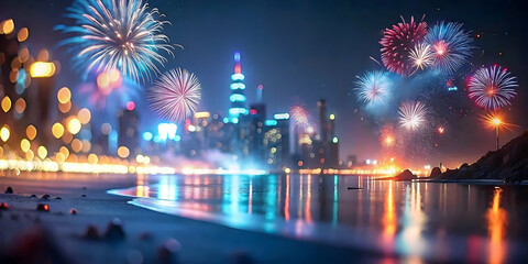 Obraz premium Bokeh Australia Day Fireworks Beach Digital Art Background Blurred Celebrations Natural Beauty Festive Concept High-Quality Stock Photo with Copy Space for Designers and Creatives