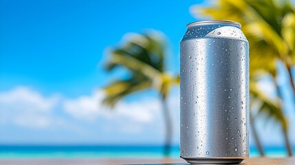 Obraz premium Refreshing Energy Drink Can Mockup - Water Droplets in Tropical Paradise with Swaying Palm Trees Perfect for Summer Promotions and Beverage Advertisements