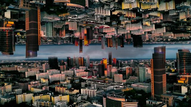 Surreal Vision of a modern downtown. Futuristic view of a large city. Inception style parallel dimension mirror effect. Surrealistic flight vision of high tech city. Horizontal flipped view. 