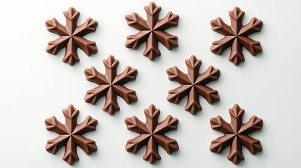 Fototapeta premium Chocolate snowflake decorations arranged aesthetically on a white surface, perfect for festive treats or desserts.