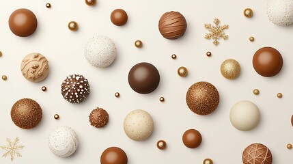 A variety of chocolate truffles and spheres in different colors and textures arranged neatly on a light background, creating an appealing festive display.