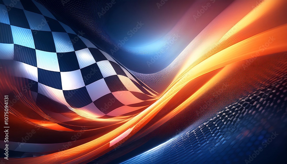 Poster abstract checkered flag with glowing waves.