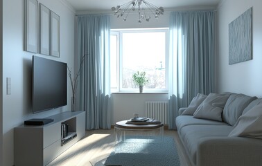 A small living room with a grey sofa, blue curtains, and a white cabinet.