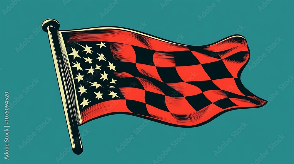 Poster red and black checkered flag with stars waving in the wind.
