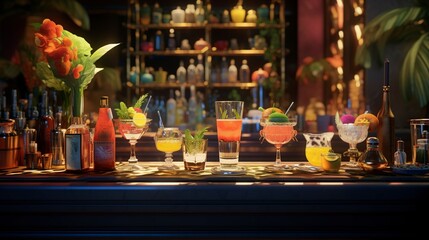 Fototapeta premium A photo of a hip cocktail bar with creative mixology.