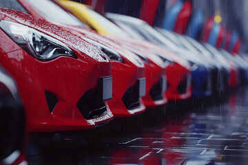 Fototapeta premium 3D Illustration Rain Wet Cars Dealership Parking Lot