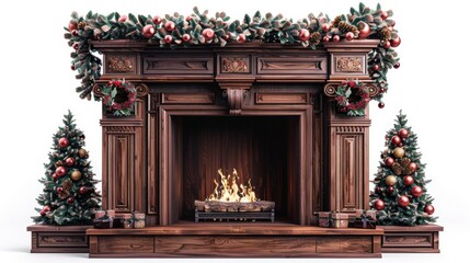 A cozy Christmas fireplace with a decorated mantle, isolated on white background
