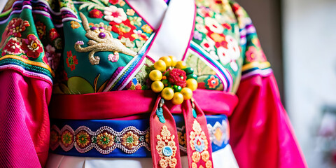 Naklejka premium Macro Close Up Seollal Hanbok Intricate Embroidery Patterns Traditional Korean Festivity Vibrant Colors Detailed Craftsmanship Cultural Pride Ample Copy Space Photo Stock Concept