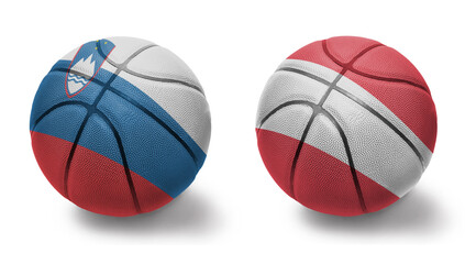 basketball balls with the national flags of austria and slovenia on the white background.