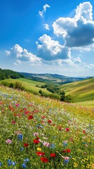 Fototapeta premium A vibrant display of wildflowers blooming on rolling hills under a clear blue sky in a picturesque landscape