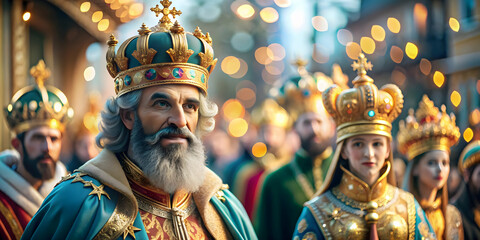 Fototapeta premium Reyes Magos Festive Carnival Scene Glossy Background Vibrant Elements Space for Text Ideal for Carnival Advertising Magazine Covers Photo Stock Concept