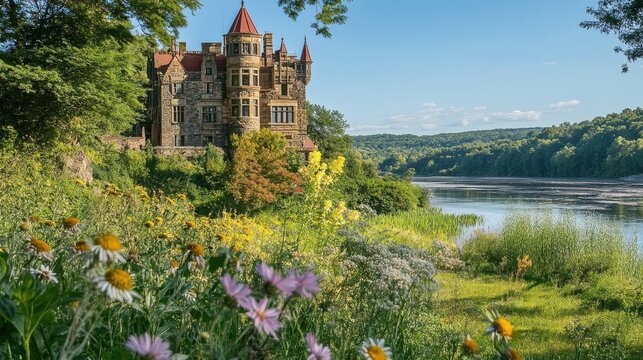 A serene view of Gillette Castle along the river surrounded by lush greenery and wildflowers on a sunny day in Connecticut