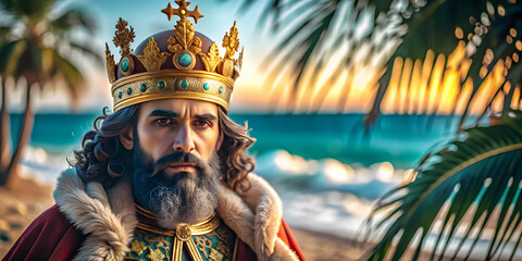 Obraz premium Tranquil Reyes Magos Scene on Serene Beach with Plain Background, Highlighting Ocean and Sand, Perfect Copy Space for Beach-Themed Advertisements and Magazine Covers in Photo Stock Concept