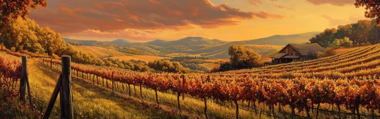 Golden sunset over vibrant vineyards with rolling hills and a rustic barn in the background