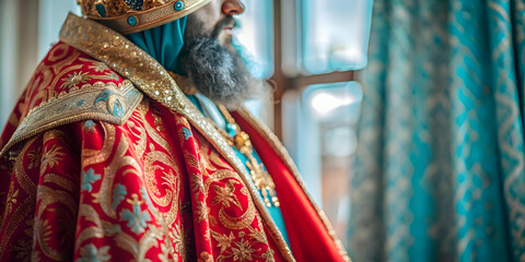 Intricate Macro Close-up of Reyes Magos Ceremonial Robes Highlighting Fabric Texture and Festive Patterns - Perfect for Magazine Ads and Banners with Ample Copy Space for Text in Photo Stock Concept