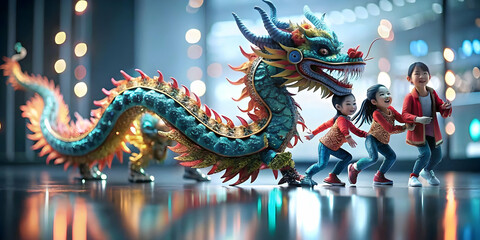 Obraz premium Candid Family Seollal Dragon Dance Dynamic Movement Cultural Tradition Strength Unity Festive Celebration Ample Copy Space Photo Stock Concept