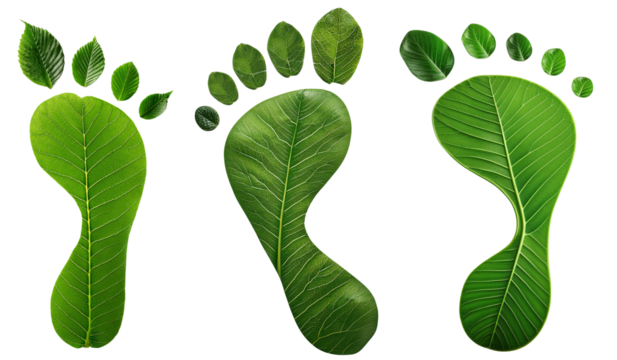 Green leaf footprints symbolizing eco-friendliness on a white background.