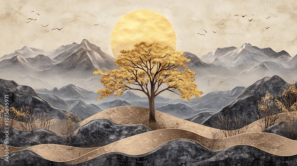 Poster Golden tree and mountains with a large sun behind it.