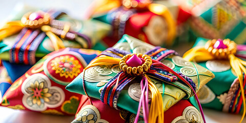Fototapeta premium Macro Close Up Seollal Sebae Don Gifts Concept Traditional Money Gifts Decorative Envelopes Vibrant Colors Prosperity Well Wishes Ample Copy Space SEO Optimized Photo Stock