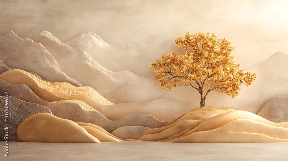 Poster golden tree in desert landscape with mountains in background.