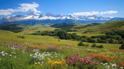 Fototapeta premium A vibrant meadow filled with wildflowers beneath majestic snow-capped mountains during a sunny day in spring