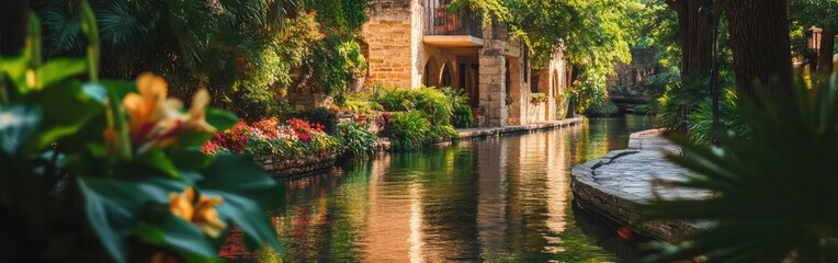 A tranquil afternoon along the River Walk in San Antonio with lush greenery and charming architecture on a sunny day